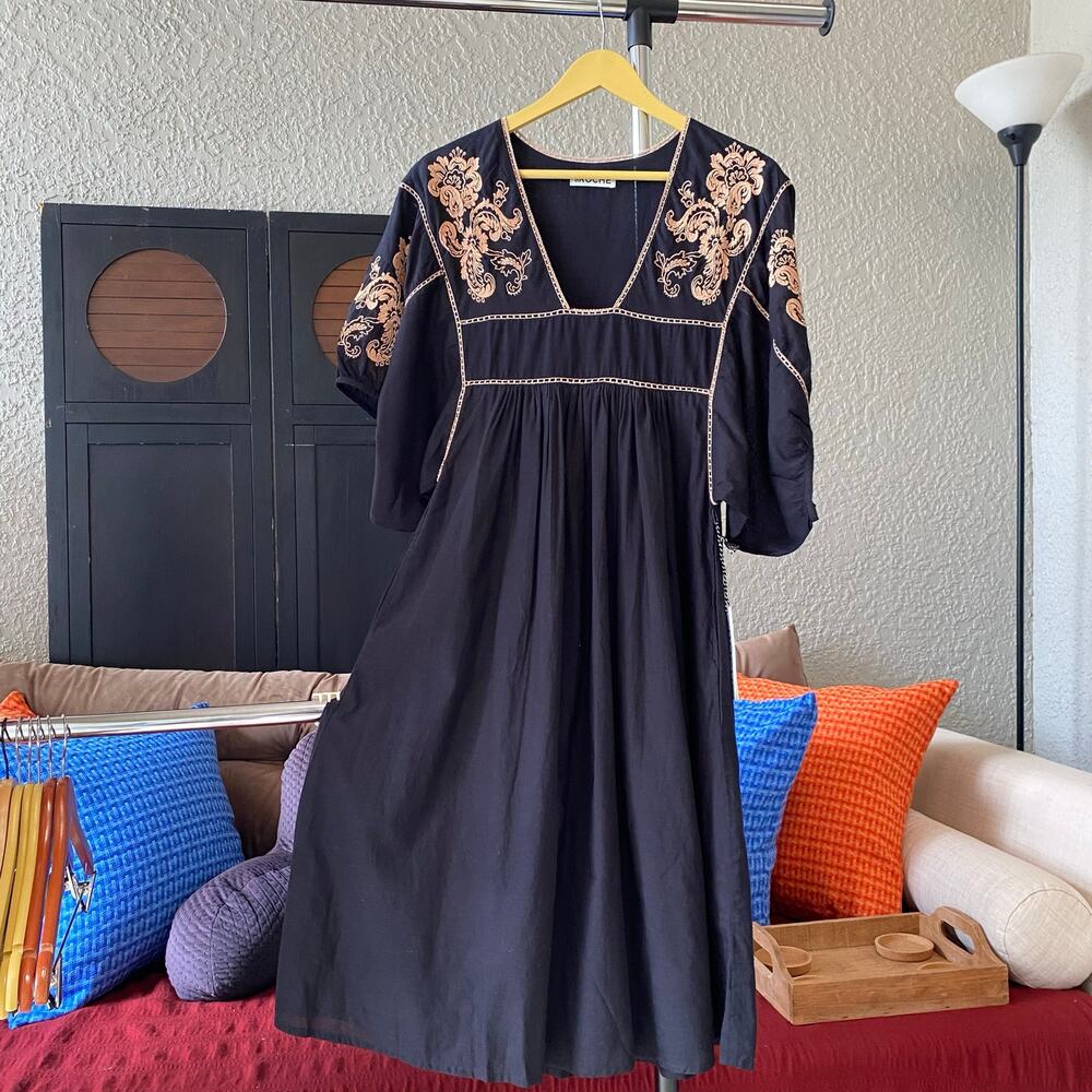 St. Roche Lake Midi Dress Flare Boho Loose Black Brown XS Paisley Organic Cotton